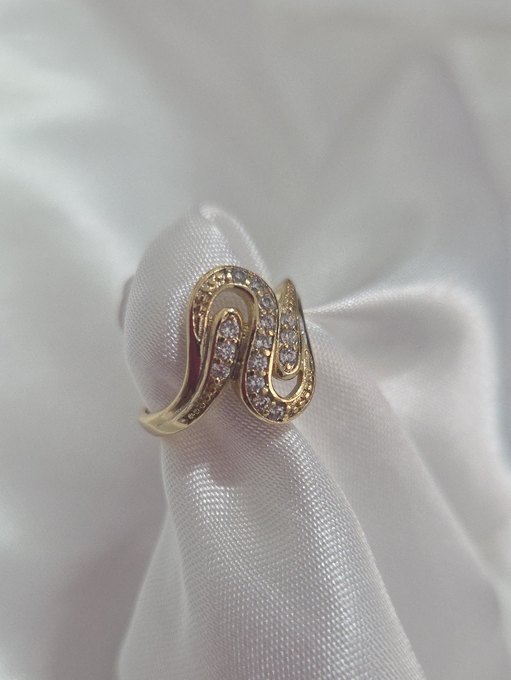 18K Gold Laminated Gold Wavy Pave Crystal Ring - Women's Jewelry